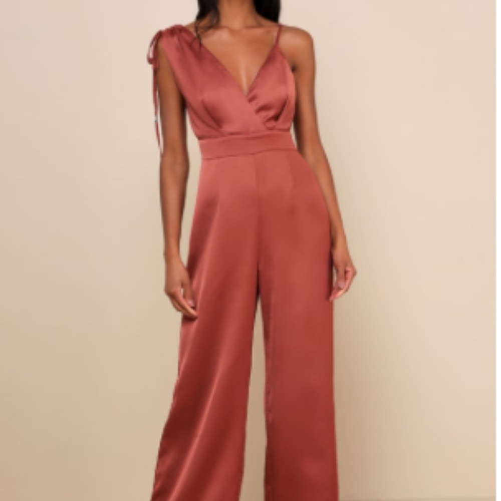 Rusty Rose Satin Asymmetrical Wide-Leg Jumpsuit- Size S